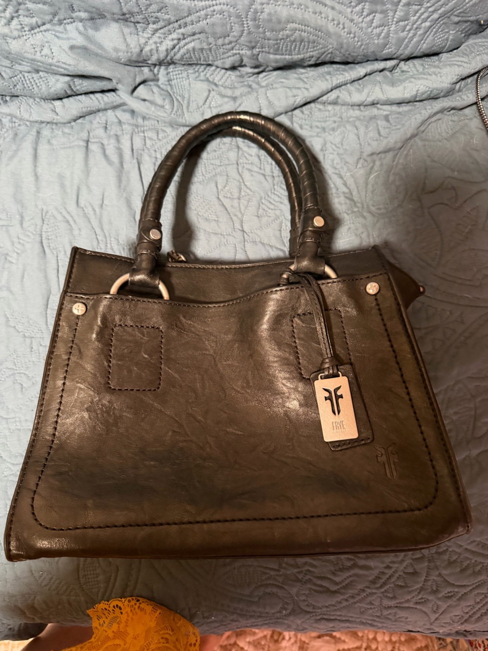 Black Leather Tote Bag with Tag Accent